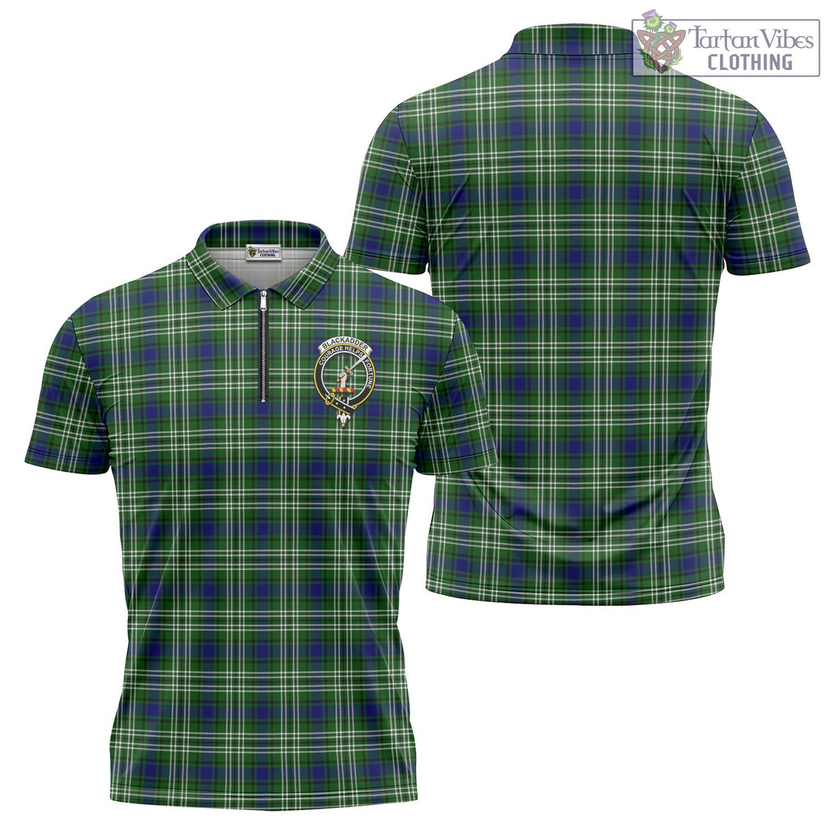Blackadder Tartan Zipper Polo Shirt with Family Crest - Tartan Vibes Clothing