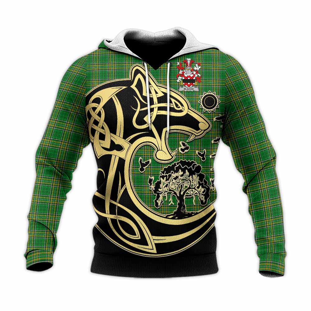 Blacke Irish Tartan Knitted Hoodie with Coat of Arms Celtic Wolf Style Unisex Knitted Pullover Hoodie - Tartan Vibes Clothing