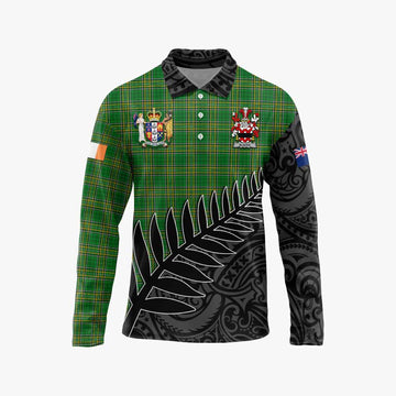 Blacke Irish Clan Tartan Long Sleeve Polo Shirt with Coat of Arms New Zealand Silver Fern Half Style