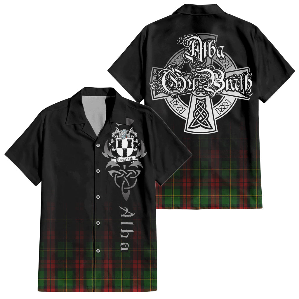 Tartan Vibes Clothing Blackstock Hunting Tartan Short Sleeve Button Up Featuring Alba Gu Brath Family Crest Celtic Inspired