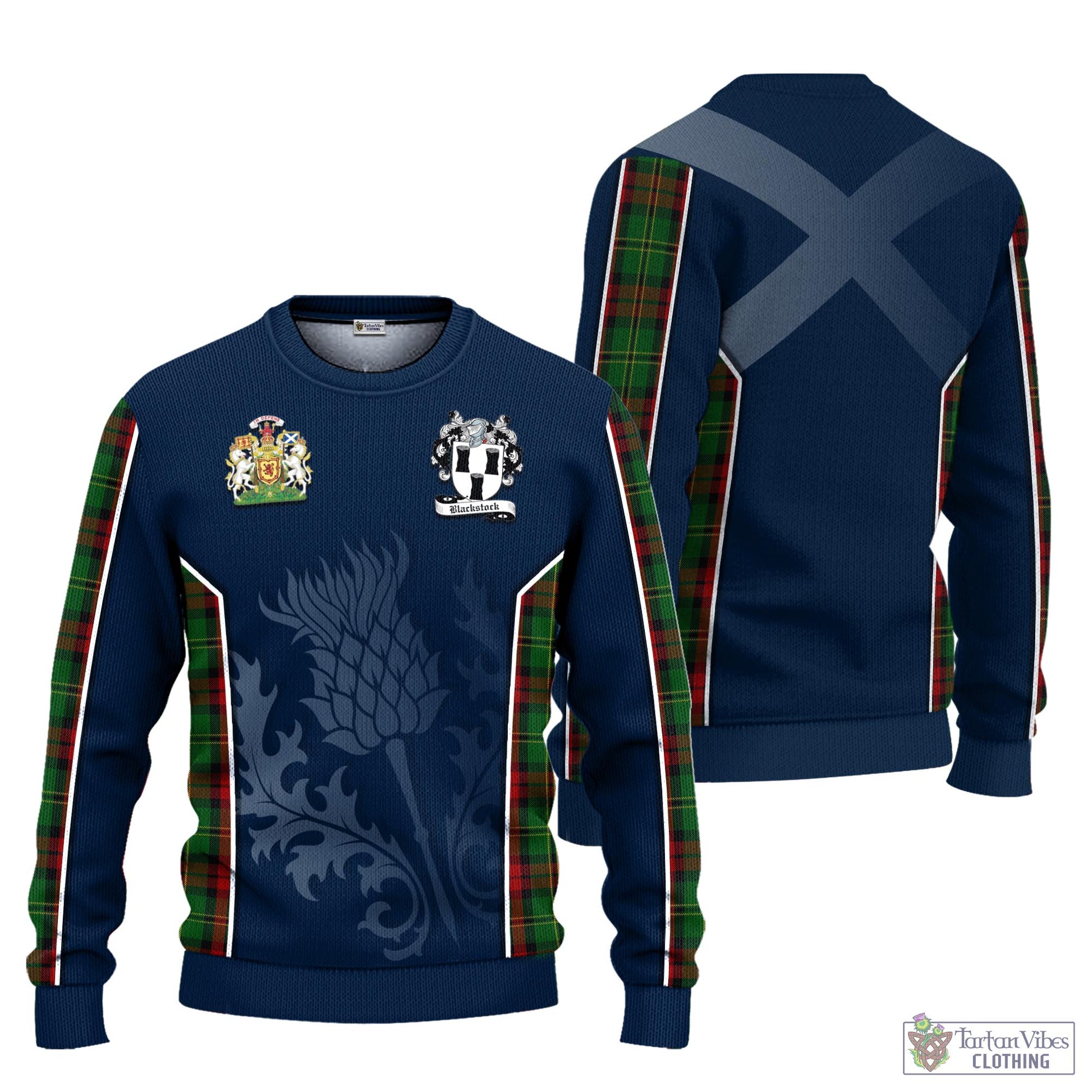 Tartan Vibes Clothing Blackstock Hunting Tartan Knitted Sweatshirt with Family Crest and Scottish Thistle Vibes Sport Style