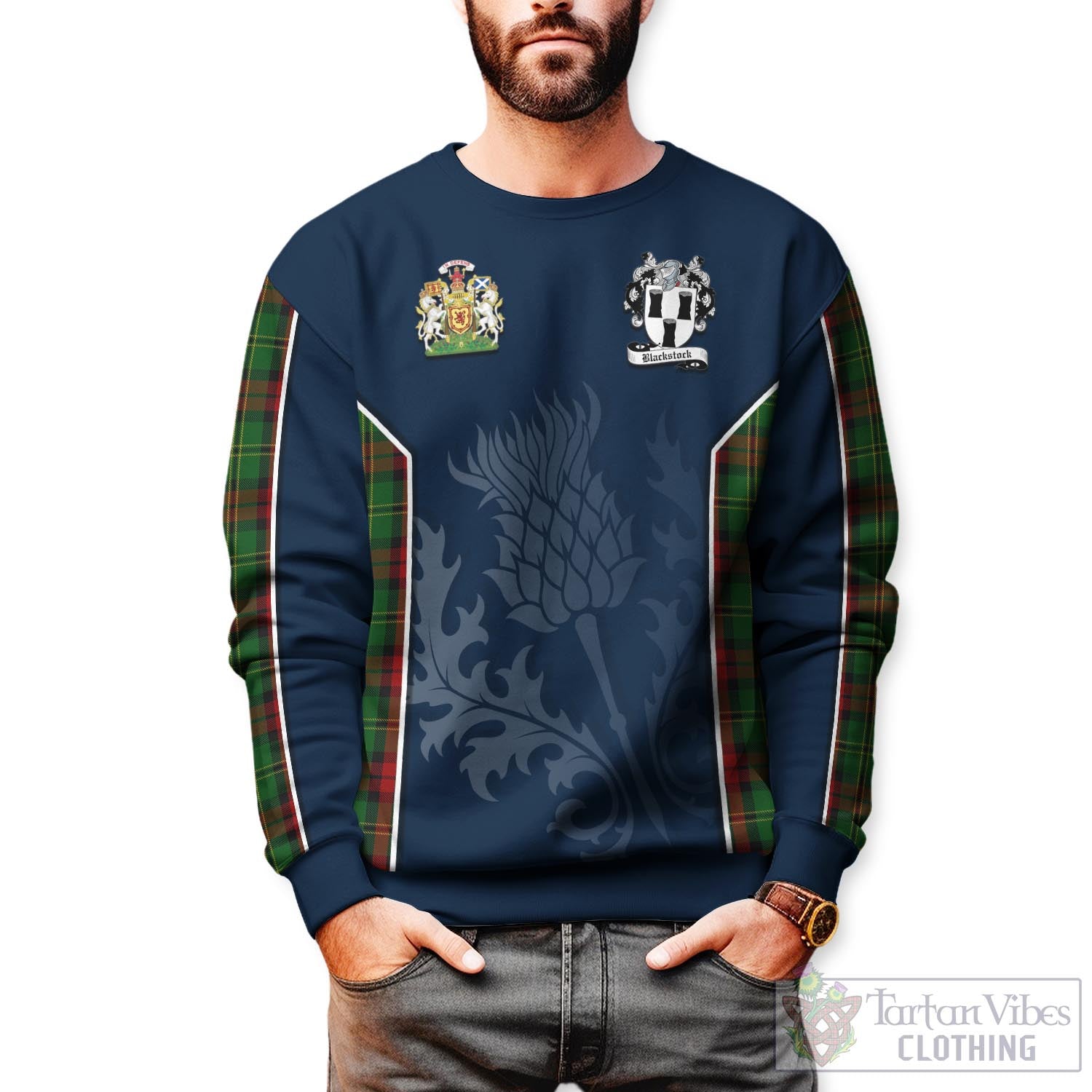 Tartan Vibes Clothing Blackstock Hunting Tartan Sweatshirt with Family Crest and Scottish Thistle Vibes Sport Style