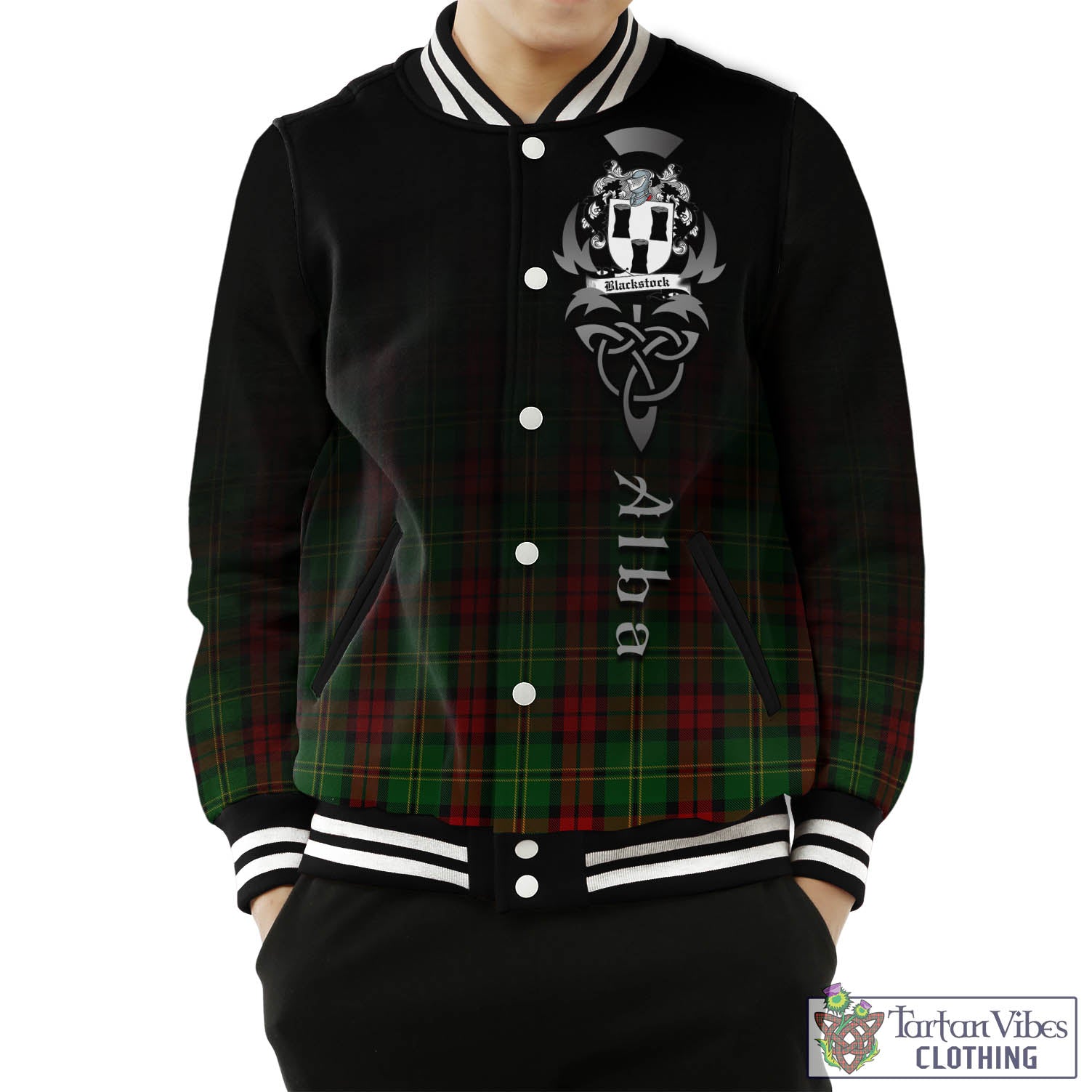 Tartan Vibes Clothing Blackstock Hunting Tartan Baseball Jacket Featuring Alba Gu Brath Family Crest Celtic Inspired