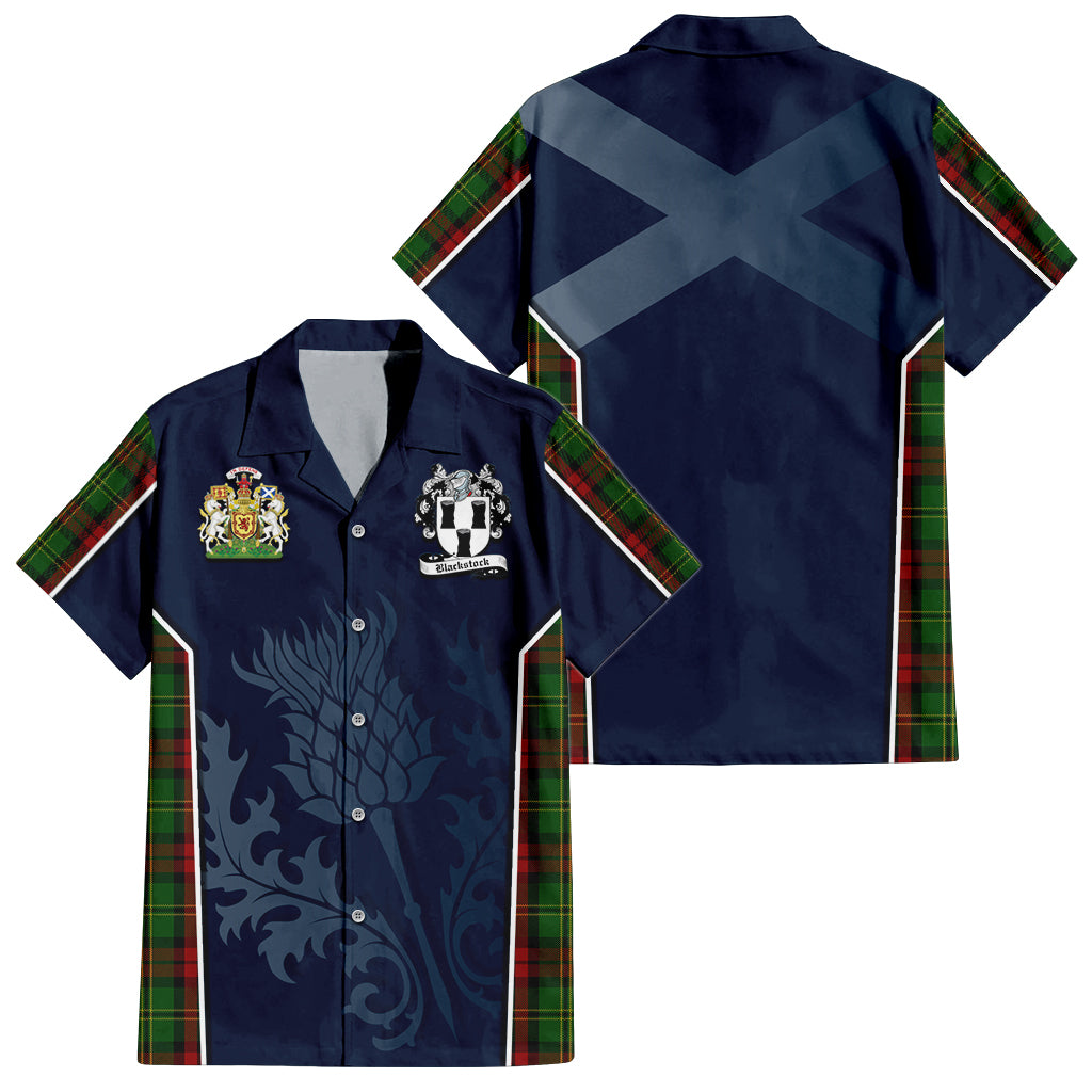 Tartan Vibes Clothing Blackstock Hunting Tartan Short Sleeve Button Up Shirt with Family Crest and Scottish Thistle Vibes Sport Style