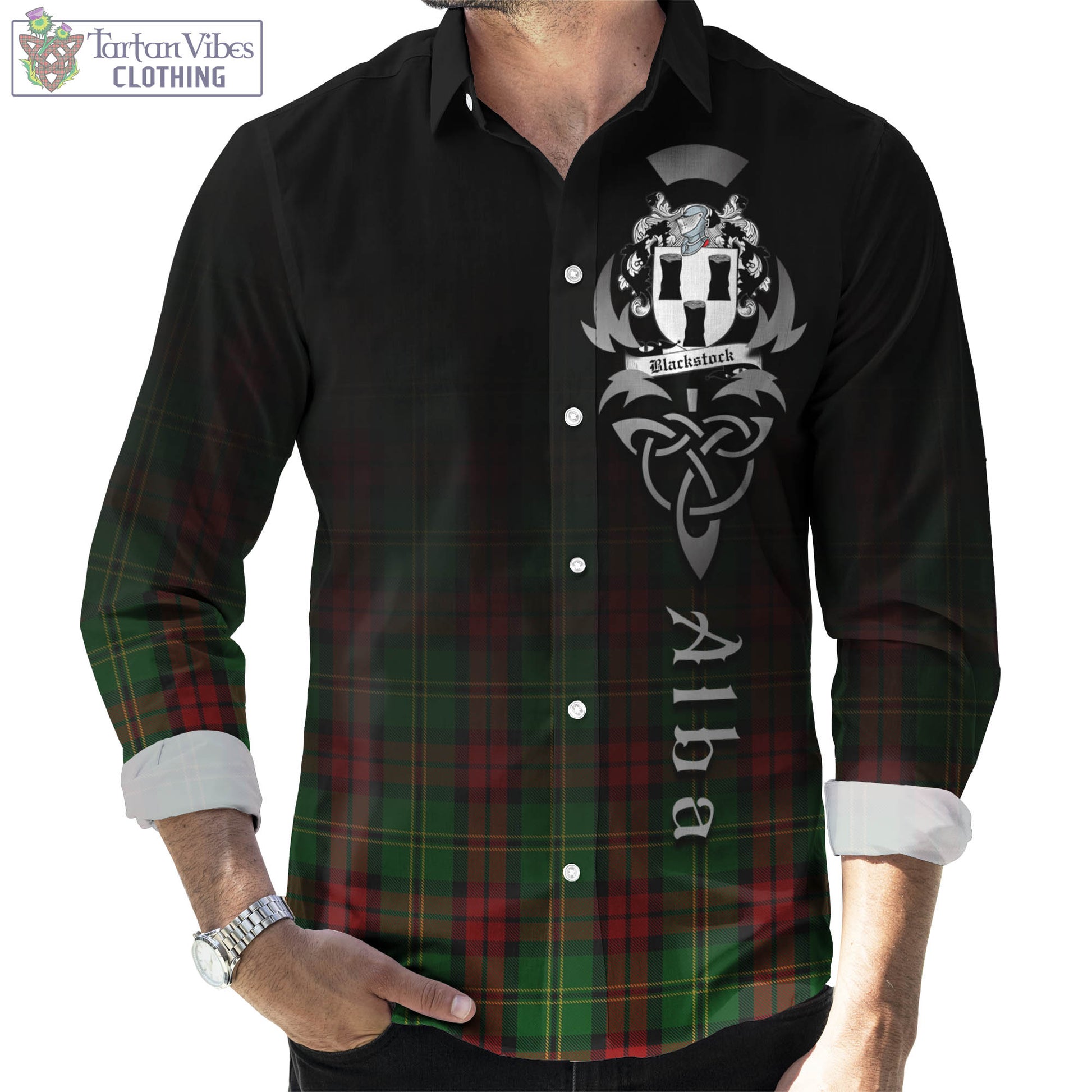 Tartan Vibes Clothing Blackstock Hunting Tartan Long Sleeve Button Up Featuring Alba Gu Brath Family Crest Celtic Inspired