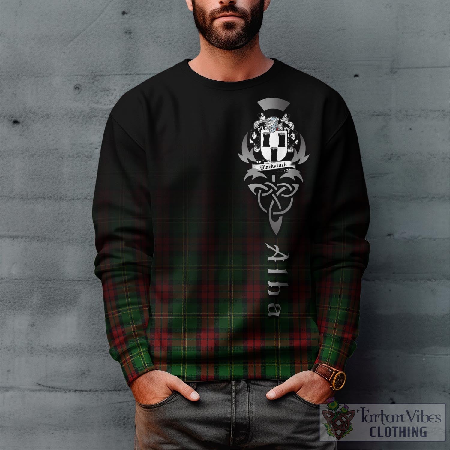 Tartan Vibes Clothing Blackstock Hunting Tartan Sweatshirt Featuring Alba Gu Brath Family Crest Celtic Inspired