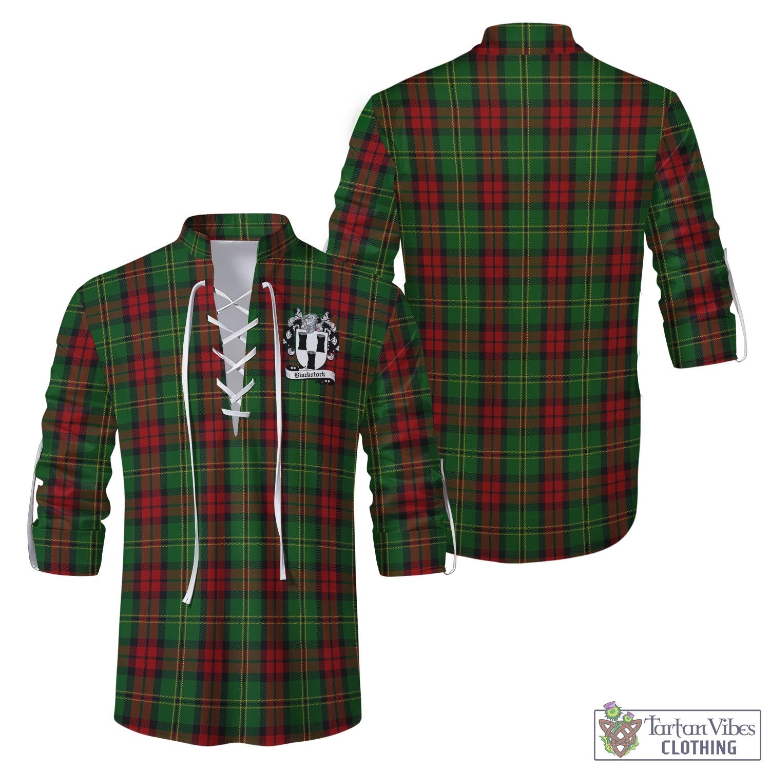 Tartan Vibes Clothing Blackstock Hunting Tartan Men's Scottish Traditional Jacobite Ghillie Kilt Shirt with Family Crest