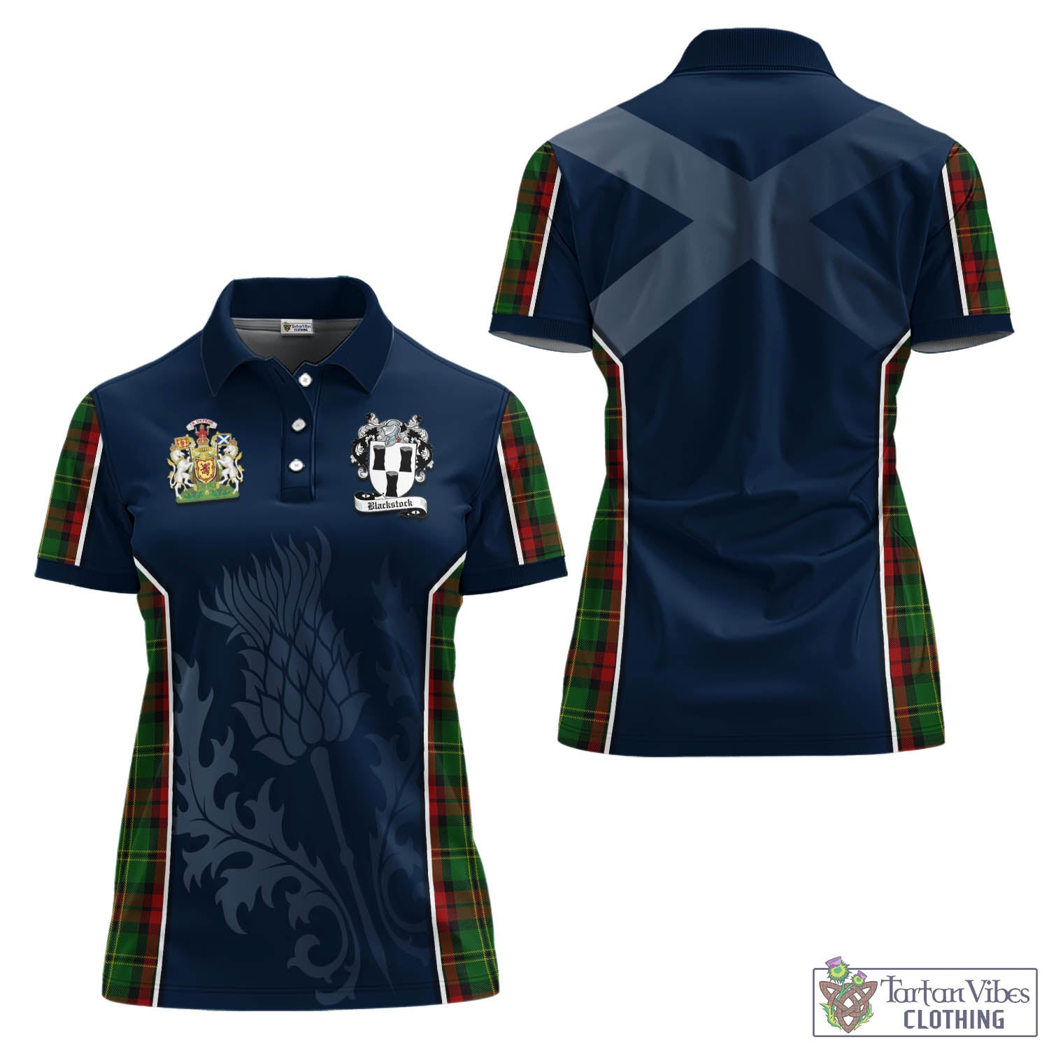 Tartan Vibes Clothing Blackstock Hunting Tartan Women's Polo Shirt with Family Crest and Scottish Thistle Vibes Sport Style