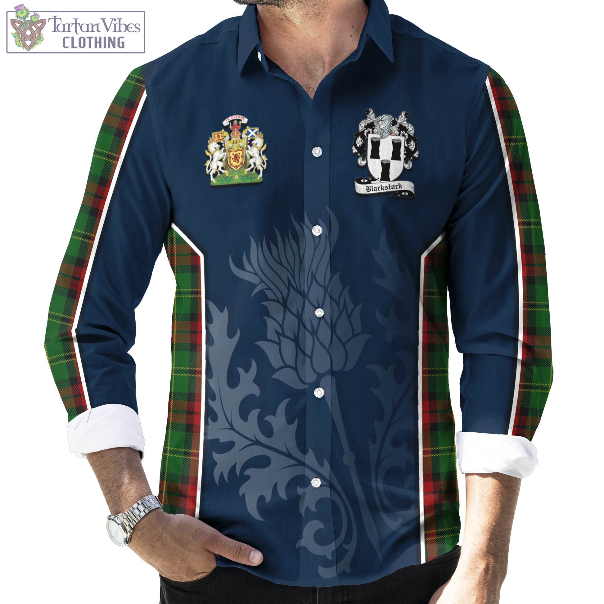 Tartan Vibes Clothing Blackstock Hunting Tartan Long Sleeve Button Up Shirt with Family Crest and Scottish Thistle Vibes Sport Style