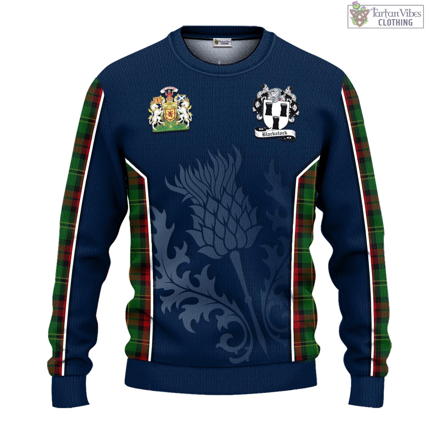 Tartan Vibes Clothing Blackstock Hunting Tartan Knitted Sweatshirt with Family Crest and Scottish Thistle Vibes Sport Style