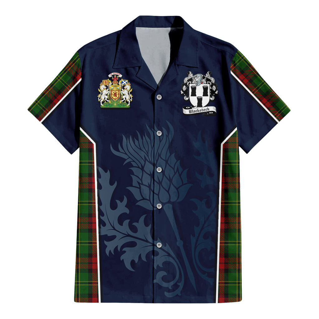 Tartan Vibes Clothing Blackstock Hunting Tartan Short Sleeve Button Up Shirt with Family Crest and Scottish Thistle Vibes Sport Style