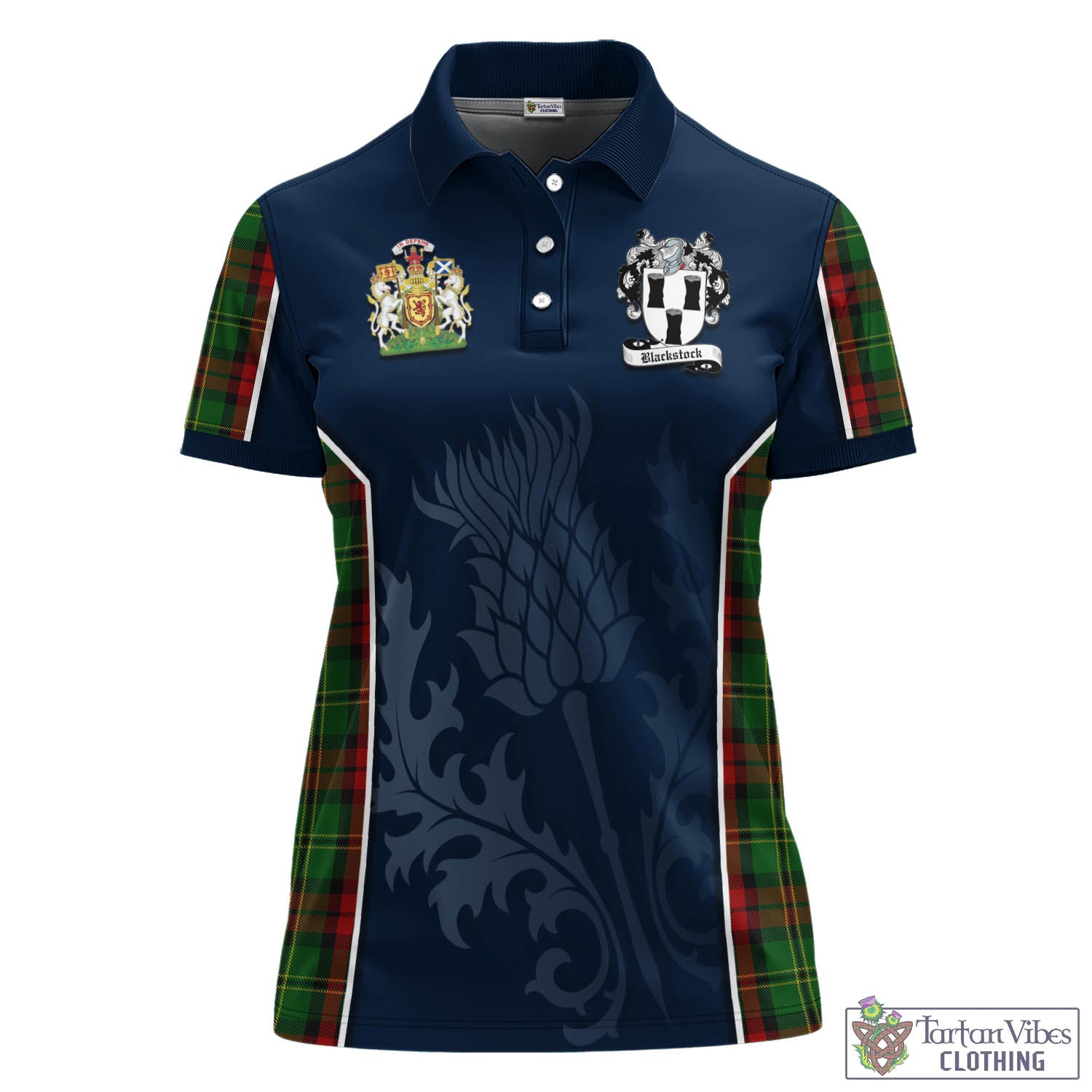 Tartan Vibes Clothing Blackstock Hunting Tartan Women's Polo Shirt with Family Crest and Scottish Thistle Vibes Sport Style