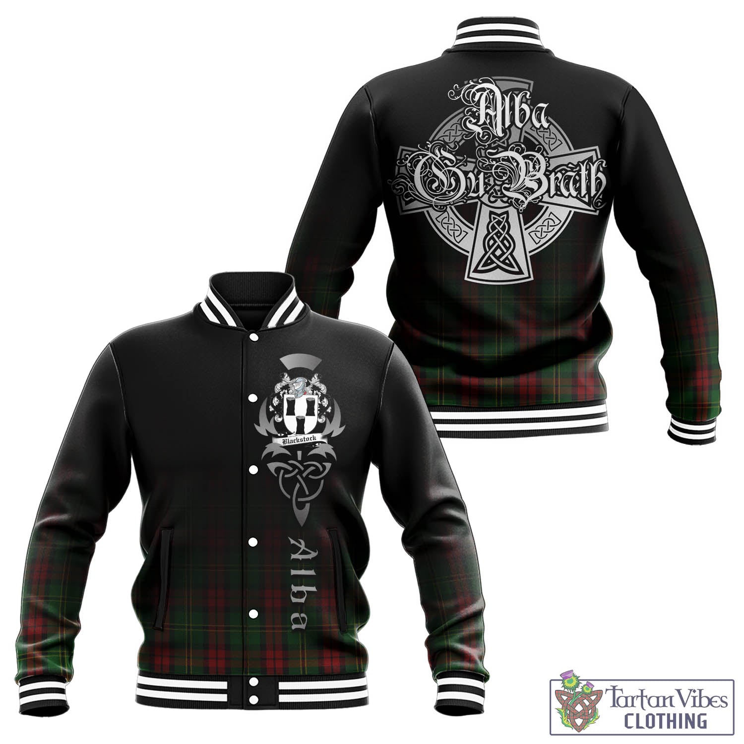 Tartan Vibes Clothing Blackstock Hunting Tartan Baseball Jacket Featuring Alba Gu Brath Family Crest Celtic Inspired