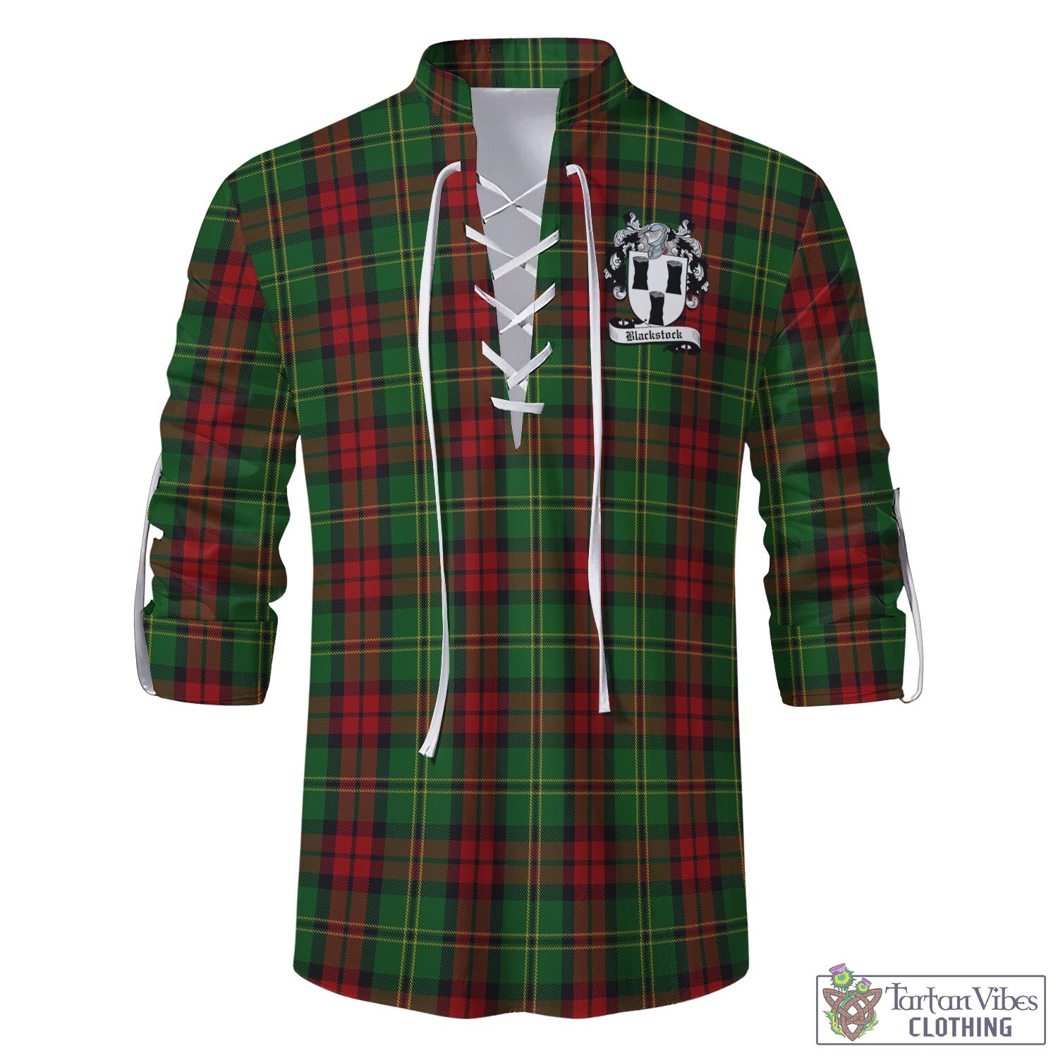 Tartan Vibes Clothing Blackstock Hunting Tartan Men's Scottish Traditional Jacobite Ghillie Kilt Shirt with Family Crest