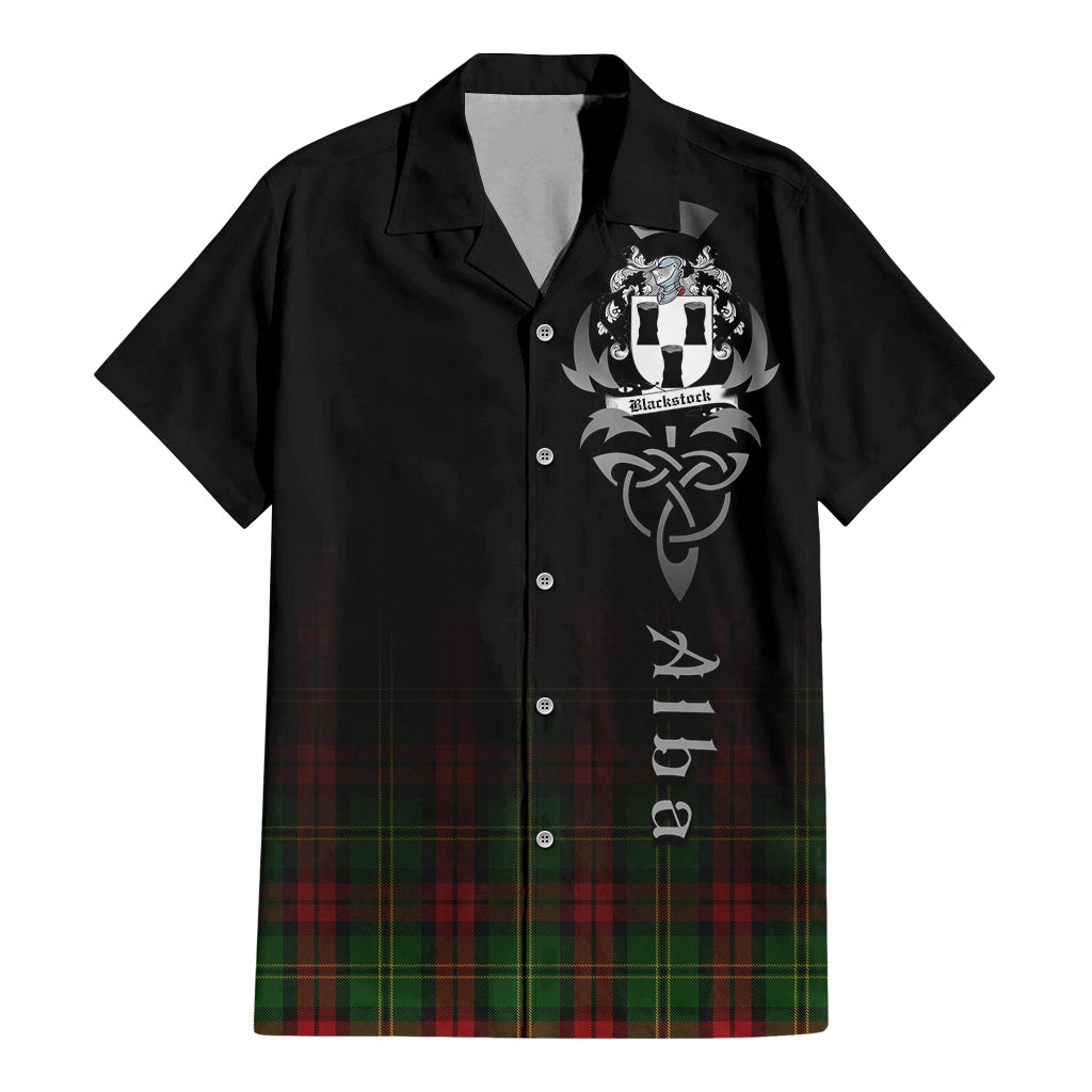 Tartan Vibes Clothing Blackstock Hunting Tartan Short Sleeve Button Up Featuring Alba Gu Brath Family Crest Celtic Inspired