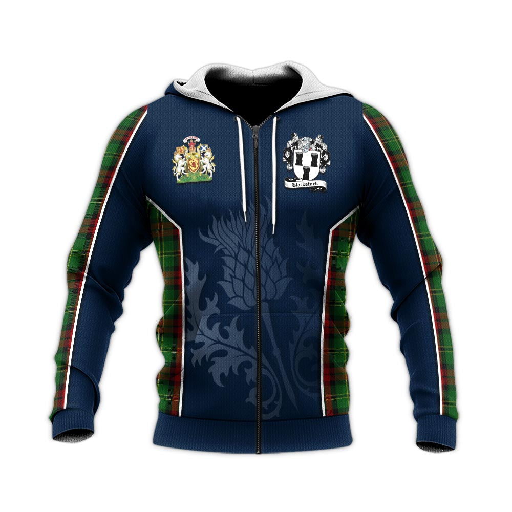 Tartan Vibes Clothing Blackstock Hunting Tartan Knitted Hoodie with Family Crest and Scottish Thistle Vibes Sport Style