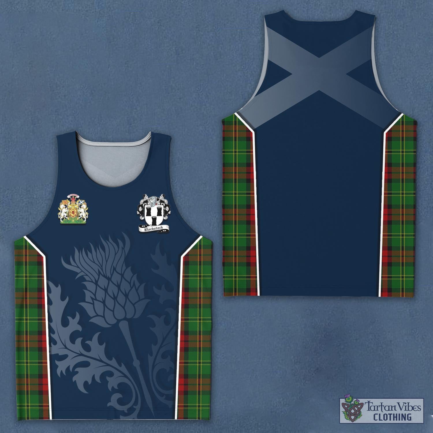 Tartan Vibes Clothing Blackstock Hunting Tartan Men's Tanks Top with Family Crest and Scottish Thistle Vibes Sport Style