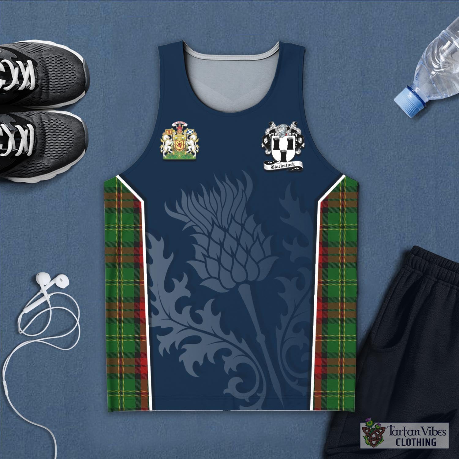 Tartan Vibes Clothing Blackstock Hunting Tartan Men's Tanks Top with Family Crest and Scottish Thistle Vibes Sport Style