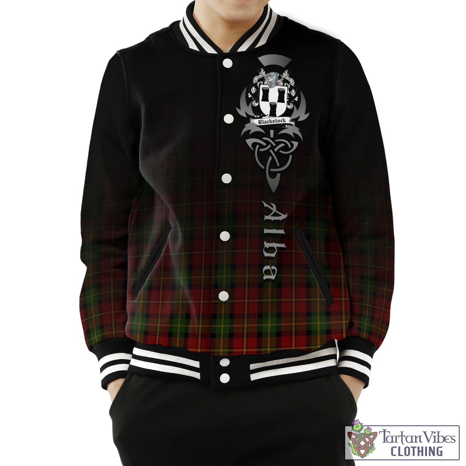 Tartan Vibes Clothing Blackstock Red Dress Tartan Baseball Jacket Featuring Alba Gu Brath Family Crest Celtic Inspired