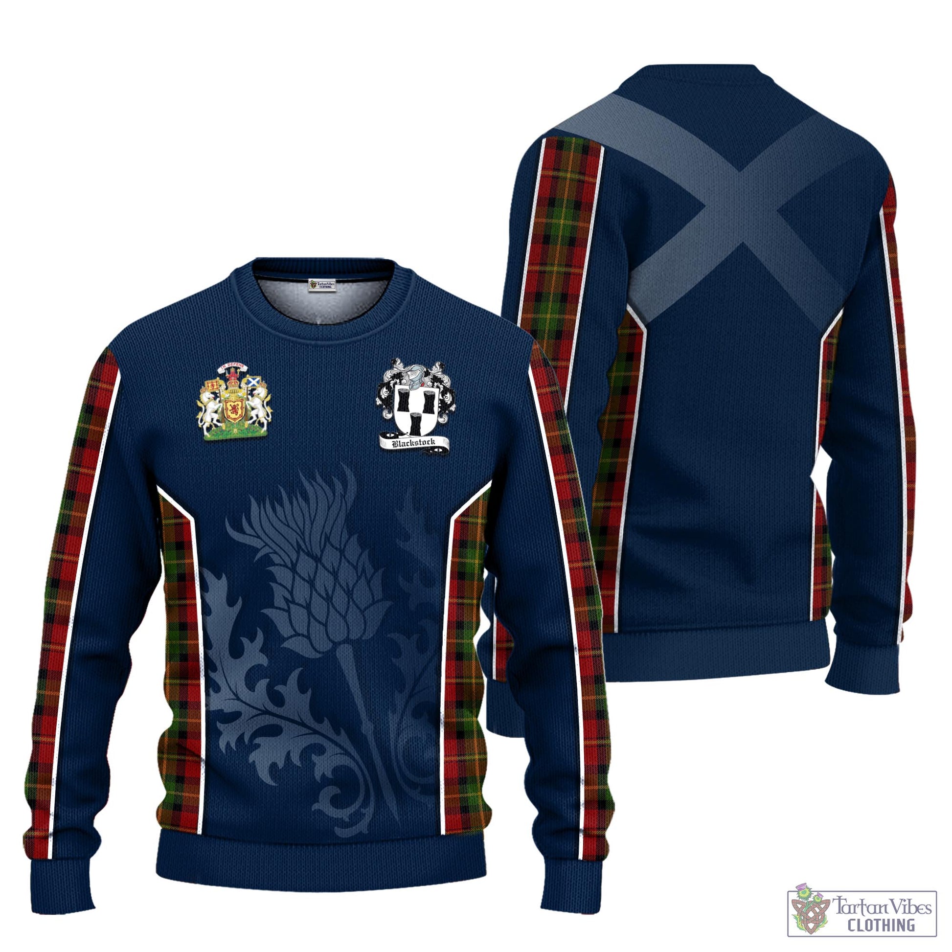 Tartan Vibes Clothing Blackstock Red Dress Tartan Knitted Sweatshirt with Family Crest and Scottish Thistle Vibes Sport Style