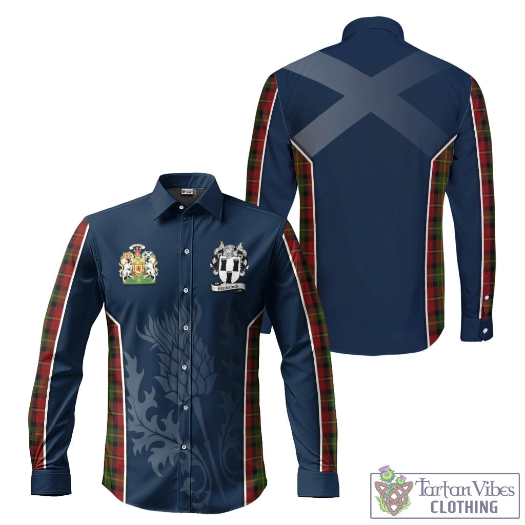 Tartan Vibes Clothing Blackstock Red Dress Tartan Long Sleeve Button Up Shirt with Family Crest and Scottish Thistle Vibes Sport Style