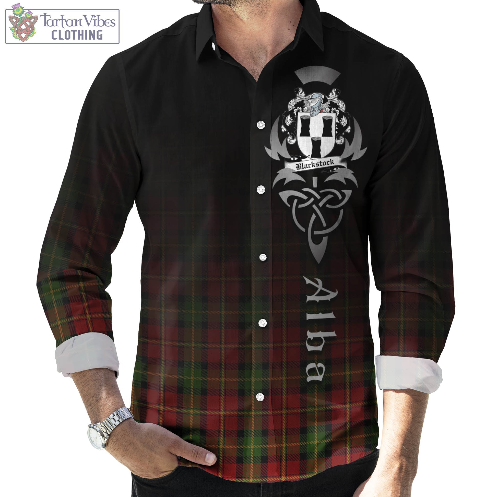 Tartan Vibes Clothing Blackstock Red Dress Tartan Long Sleeve Button Up Featuring Alba Gu Brath Family Crest Celtic Inspired