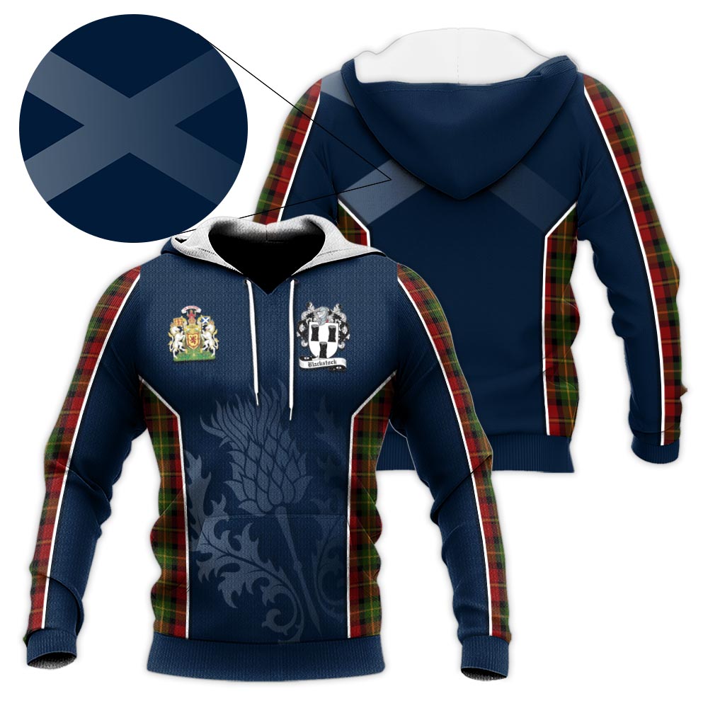 Tartan Vibes Clothing Blackstock Red Dress Tartan Knitted Hoodie with Family Crest and Scottish Thistle Vibes Sport Style