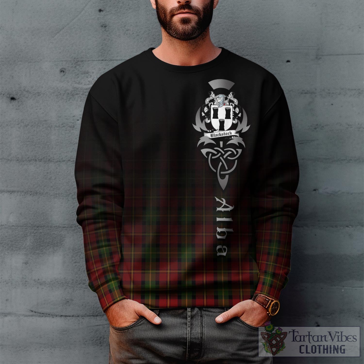 Tartan Vibes Clothing Blackstock Red Dress Tartan Sweatshirt Featuring Alba Gu Brath Family Crest Celtic Inspired