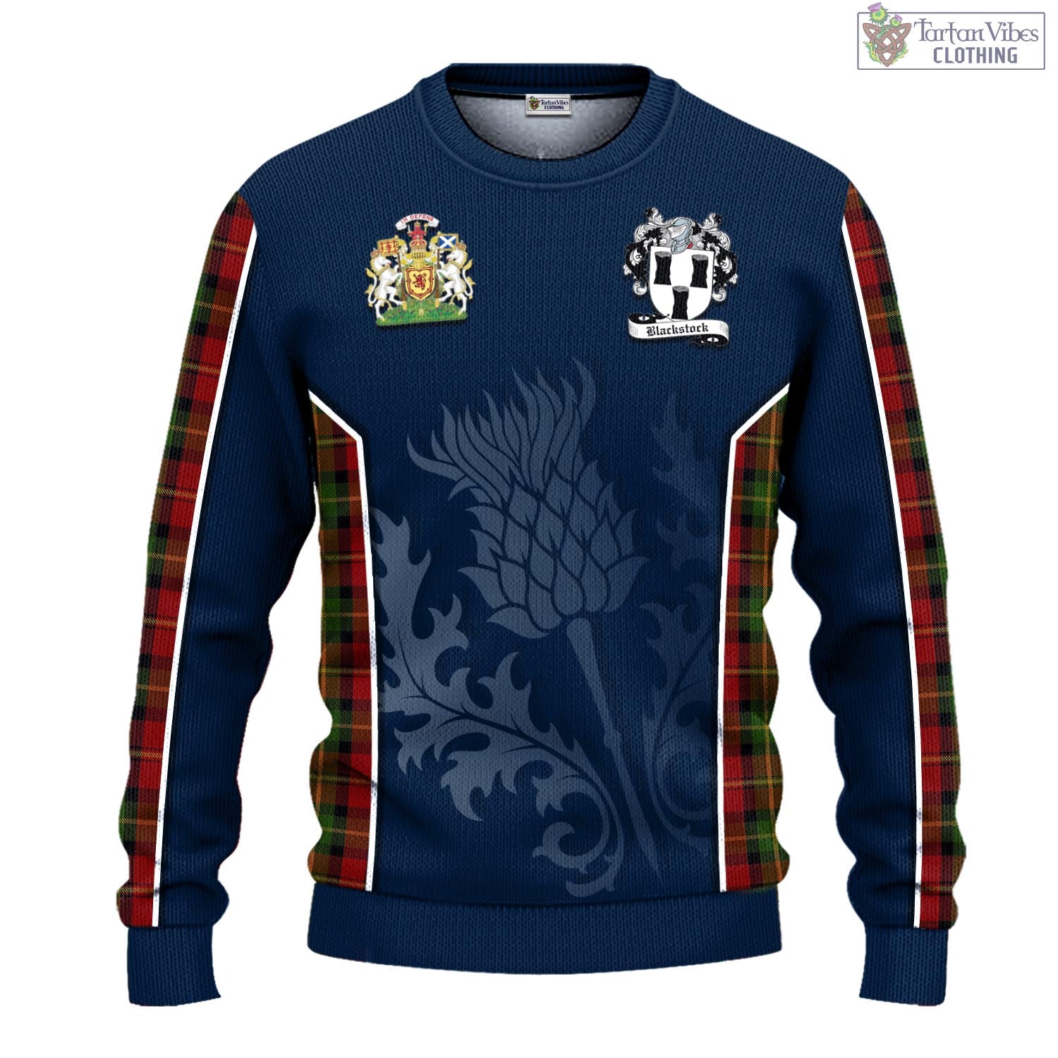 Tartan Vibes Clothing Blackstock Red Dress Tartan Knitted Sweatshirt with Family Crest and Scottish Thistle Vibes Sport Style