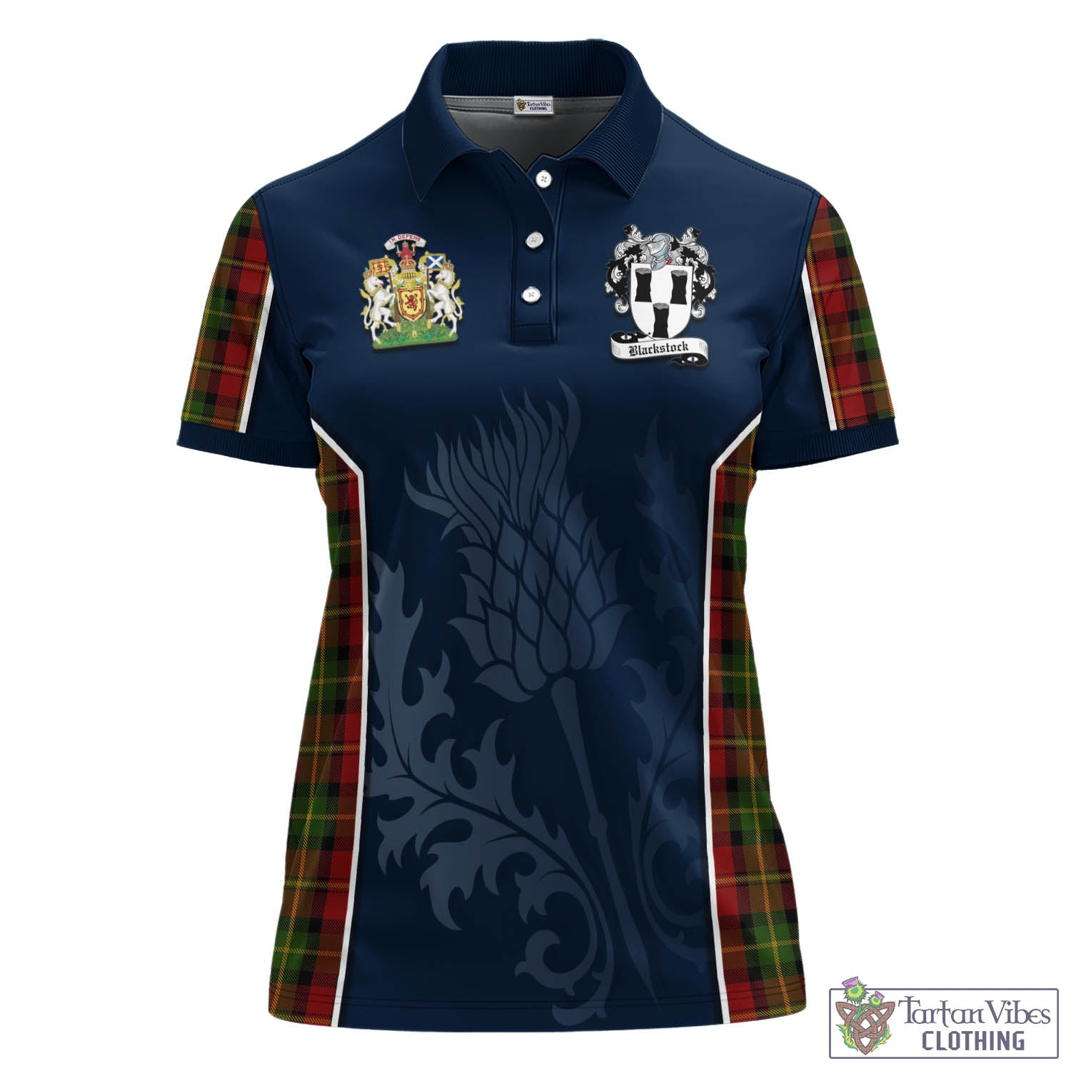 Tartan Vibes Clothing Blackstock Red Dress Tartan Women's Polo Shirt with Family Crest and Scottish Thistle Vibes Sport Style