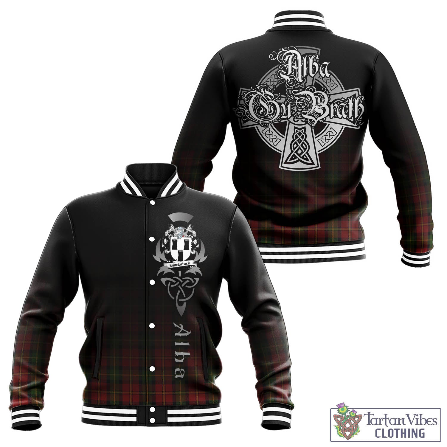 Tartan Vibes Clothing Blackstock Red Dress Tartan Baseball Jacket Featuring Alba Gu Brath Family Crest Celtic Inspired