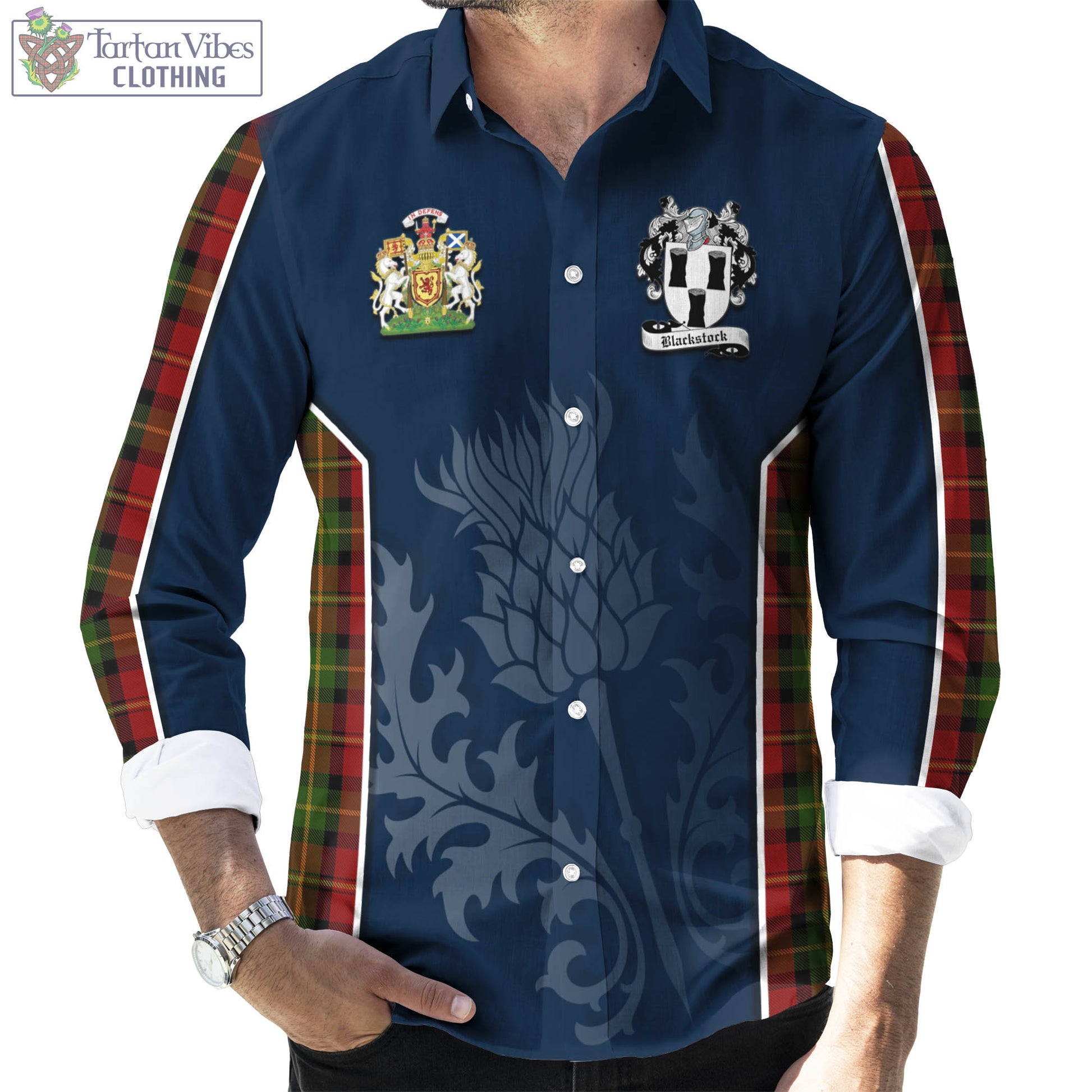 Tartan Vibes Clothing Blackstock Red Dress Tartan Long Sleeve Button Up Shirt with Family Crest and Scottish Thistle Vibes Sport Style