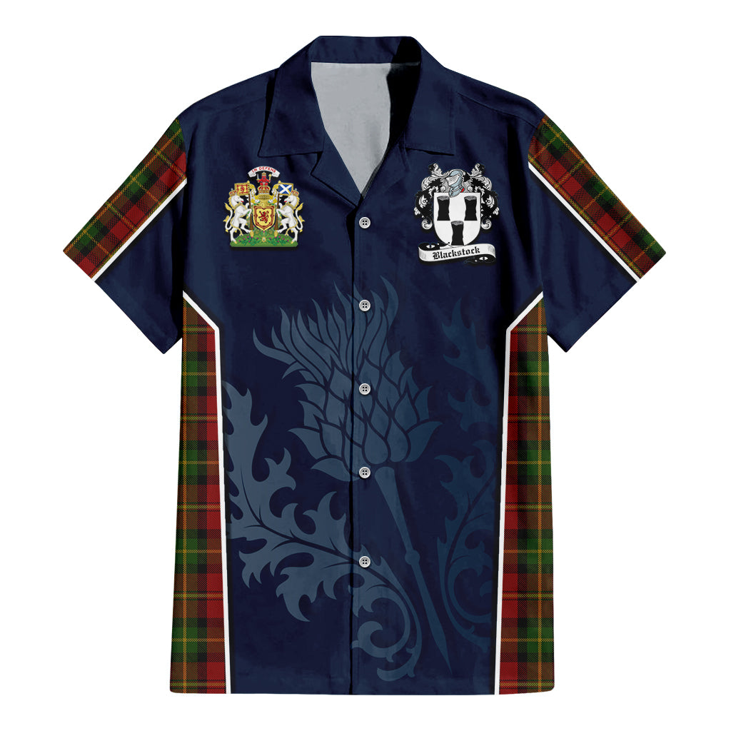 Tartan Vibes Clothing Blackstock Red Dress Tartan Short Sleeve Button Up Shirt with Family Crest and Scottish Thistle Vibes Sport Style