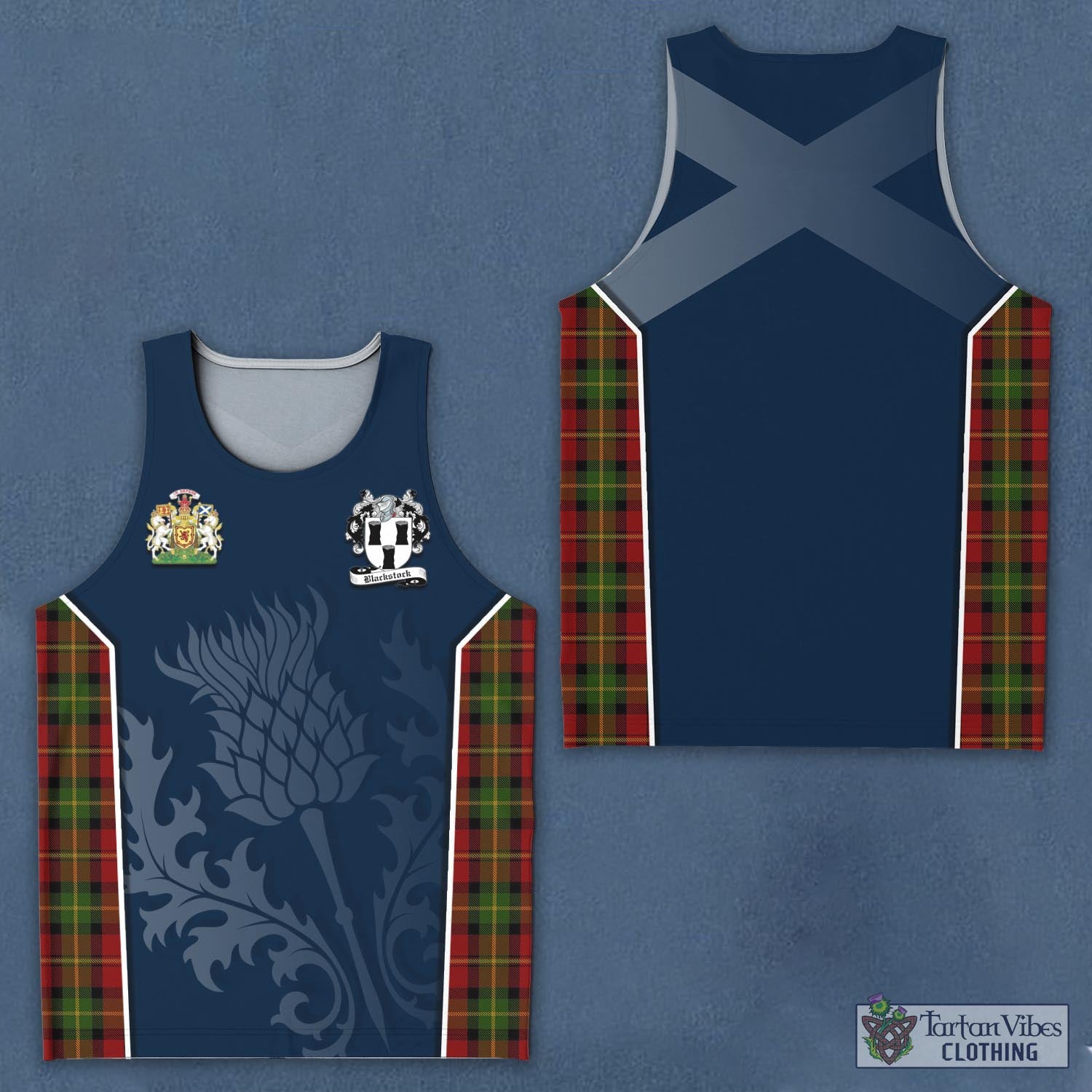 Tartan Vibes Clothing Blackstock Red Dress Tartan Men's Tanks Top with Family Crest and Scottish Thistle Vibes Sport Style