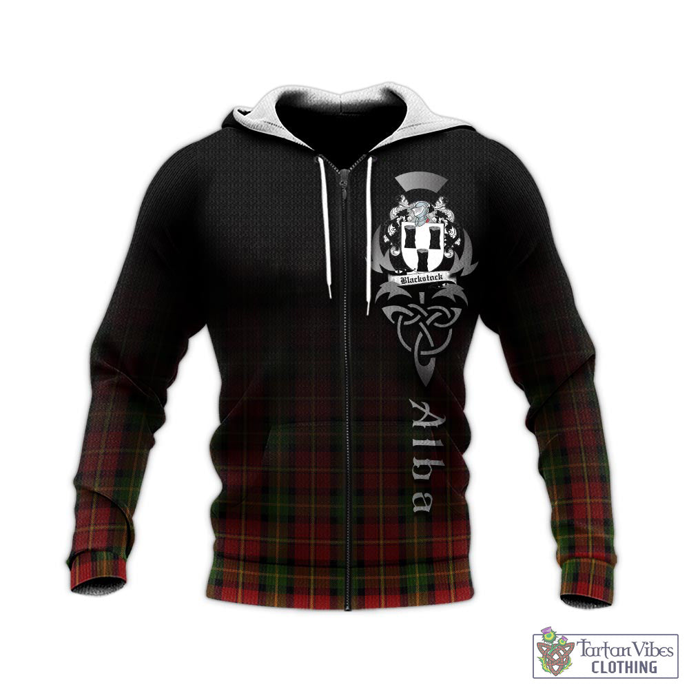 Tartan Vibes Clothing Blackstock Red Dress Tartan Knitted Hoodie Featuring Alba Gu Brath Family Crest Celtic Inspired