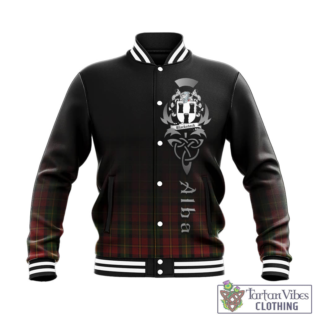 Tartan Vibes Clothing Blackstock Red Dress Tartan Baseball Jacket Featuring Alba Gu Brath Family Crest Celtic Inspired