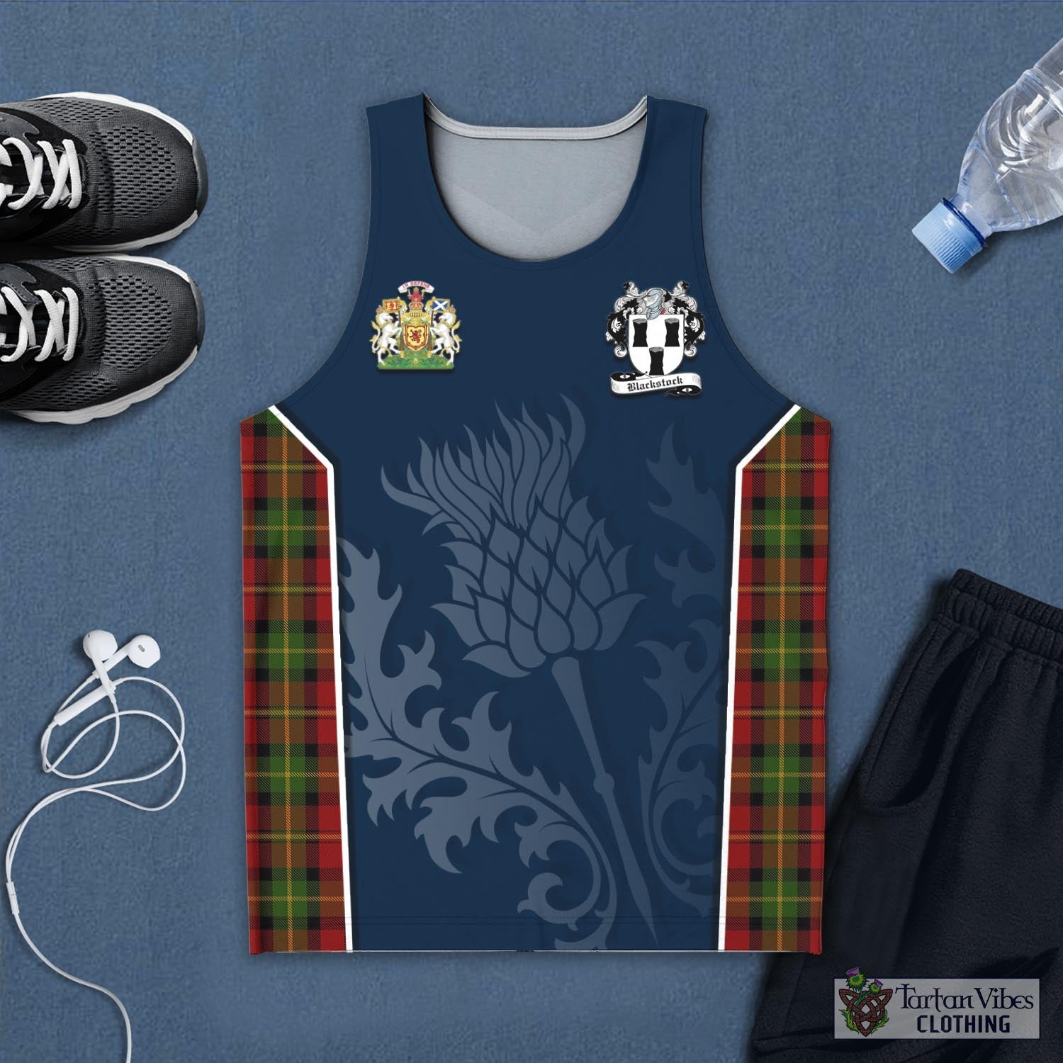 Tartan Vibes Clothing Blackstock Red Dress Tartan Men's Tanks Top with Family Crest and Scottish Thistle Vibes Sport Style