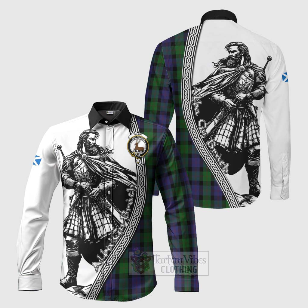 Tartan Vibes Clothing Blair Tartan Clan Crest Long Sleeve Button Shirt with Highlander Warrior Celtic Style