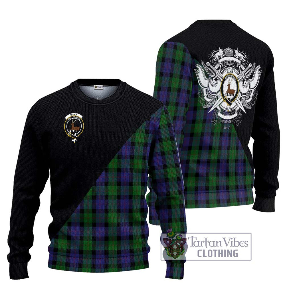 Blair Tartan Knitted Sweater with Family Crest and Military Logo Style Unisex - Tartanvibesclothing Shop