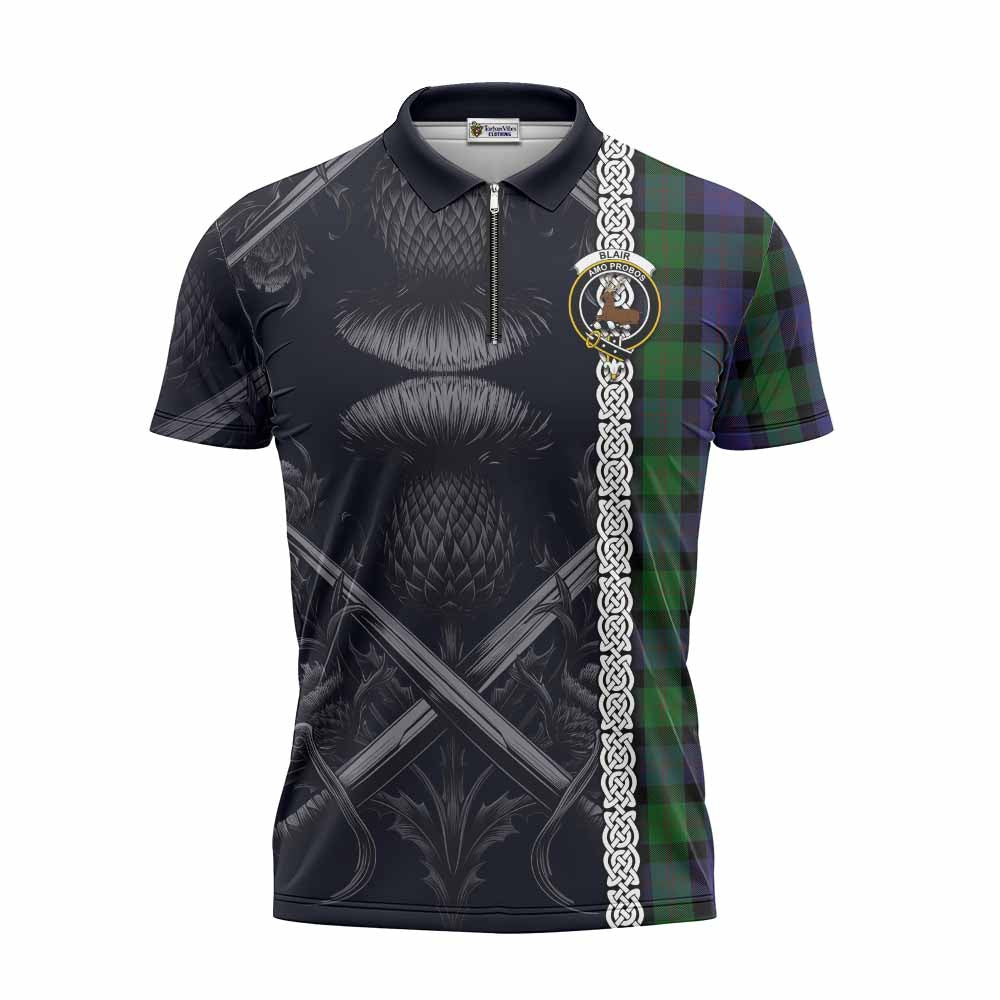 Tartan Vibes Clothing Blair Tartan Zipper Polo Shirt with Family Crest Cross Sword Thistle Celtic Vibes