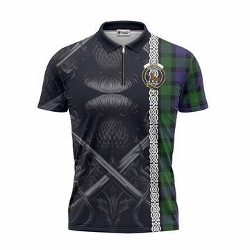 Blair Tartan Zipper Polo Shirt with Family Crest Cross Sword Thistle Celtic Vibes