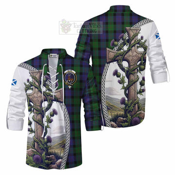 Blair Tartan Ghillie Kilt Shirt with Family Crest and St. Andrew's Cross Accented by Thistle Vines