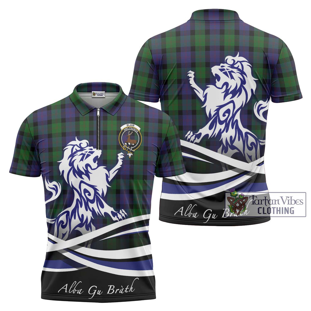 Blair Tartan Zipper Polo Shirt with Alba Gu Brath Regal Lion Emblem Unisex - Tartanvibesclothing Shop