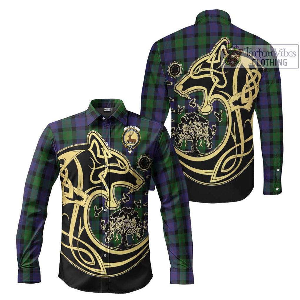 Blair Tartan Long Sleeve Button Shirt with Family Crest Celtic Wolf Style Men's Shirt S - Tartan Vibes Clothing