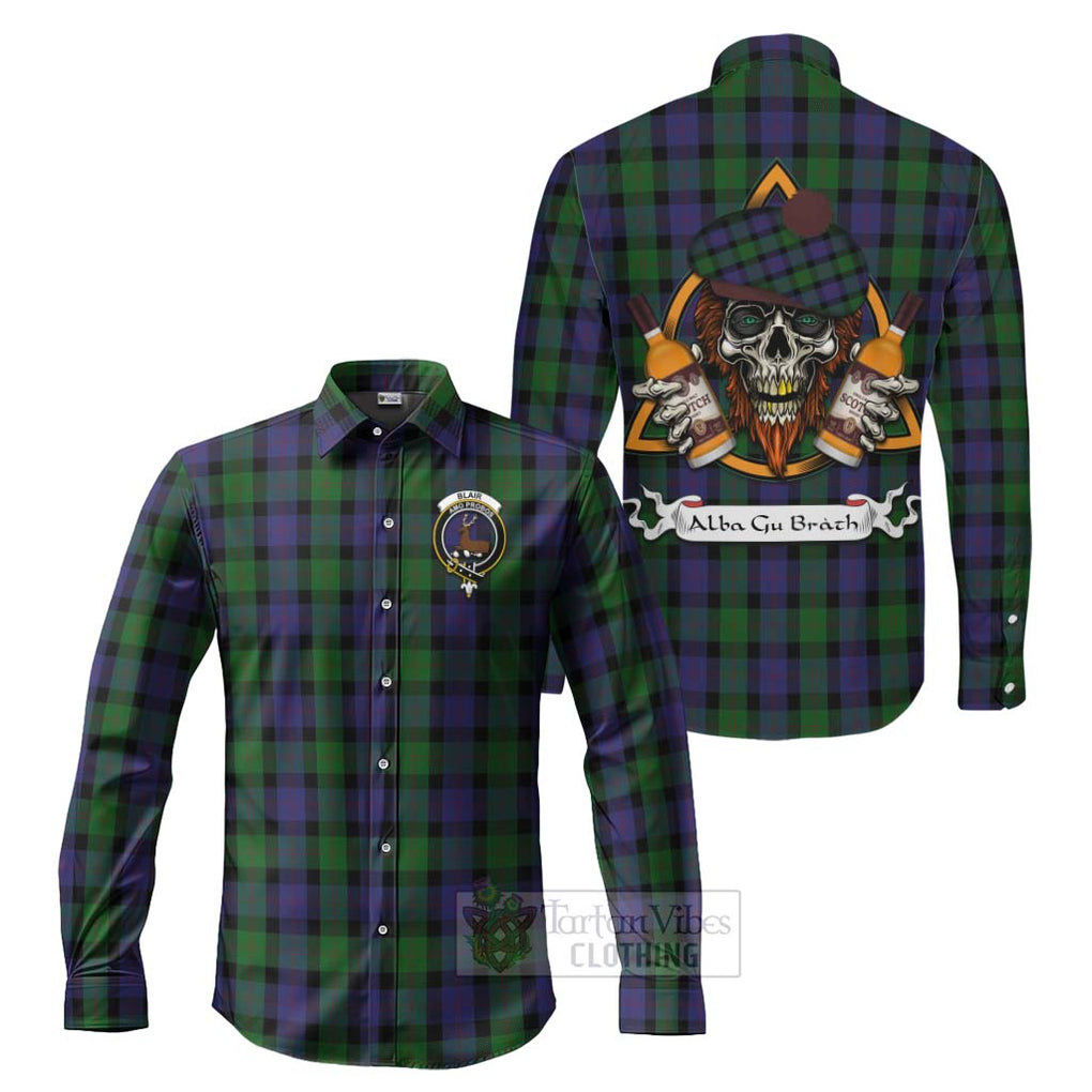 Tartan Vibes Clothing Blair Tartan Long Sleeve Button Shirt with Family Crest and Bearded Skull Holding Bottles of Whiskey