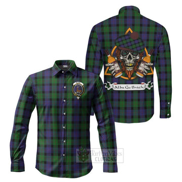 Blair Tartan Long Sleeve Button Shirt with Family Crest and Bearded Skull Holding Bottles of Whiskey