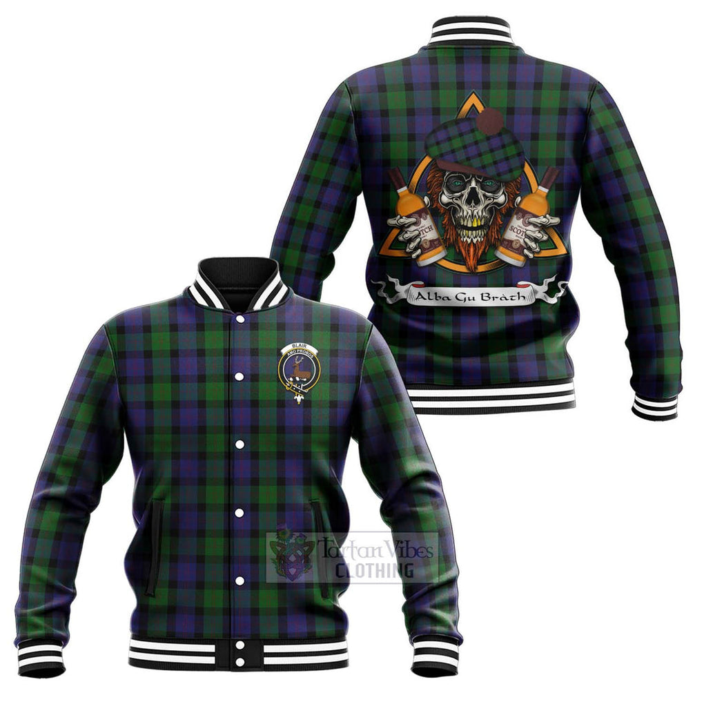 Tartan Vibes Clothing Blair Tartan Baseball Jacket with Family Crest and Bearded Skull Holding Bottles of Whiskey