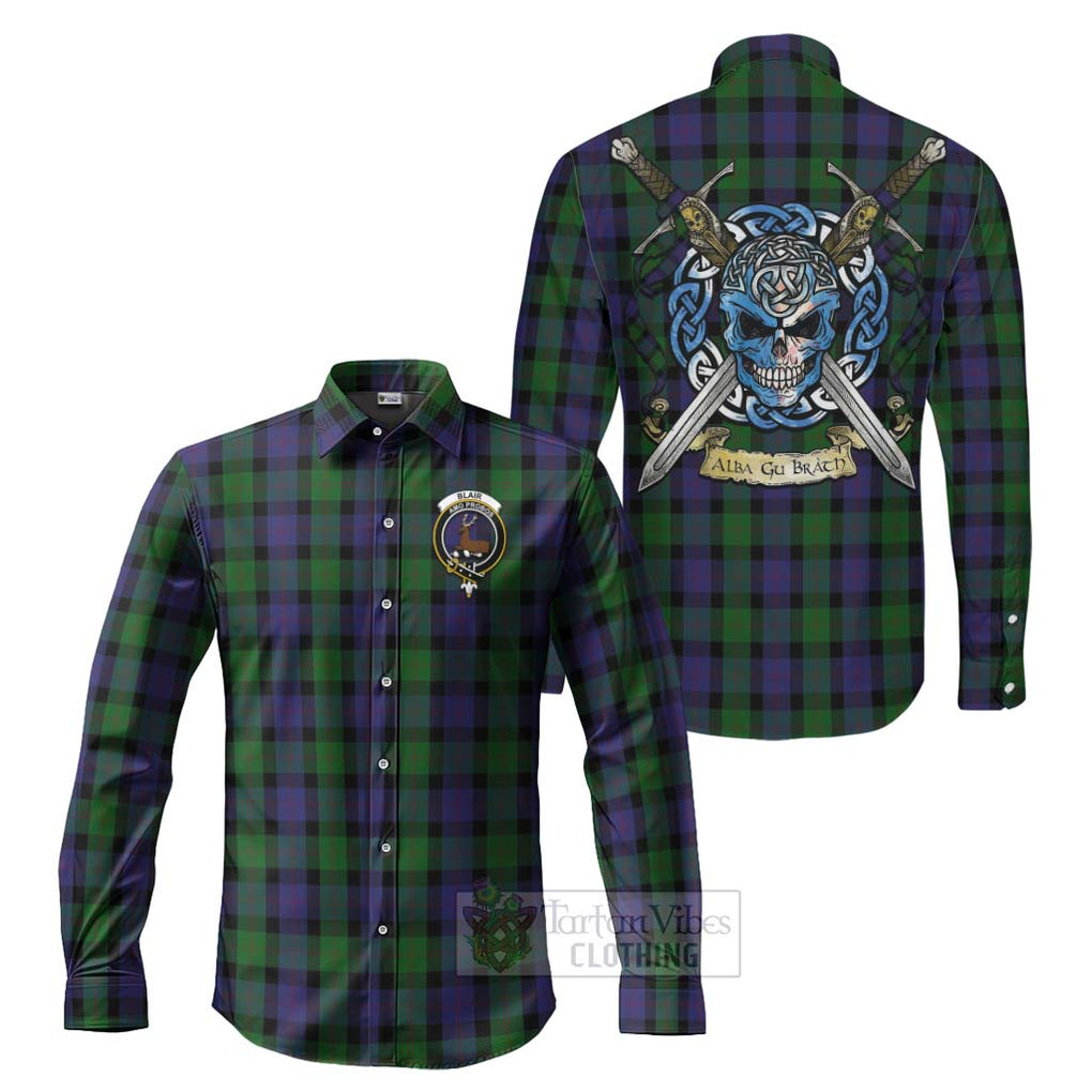 Tartan Vibes Clothing Blair Tartan Long Sleeve Button Shirt with Family Crest Celtic Skull Style