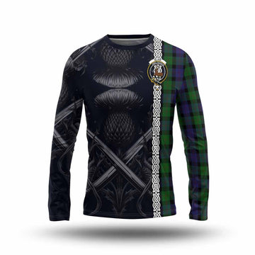 Blair Tartan Long Sleeve T-Shirt with Family Crest Cross Sword Thistle Celtic Vibes