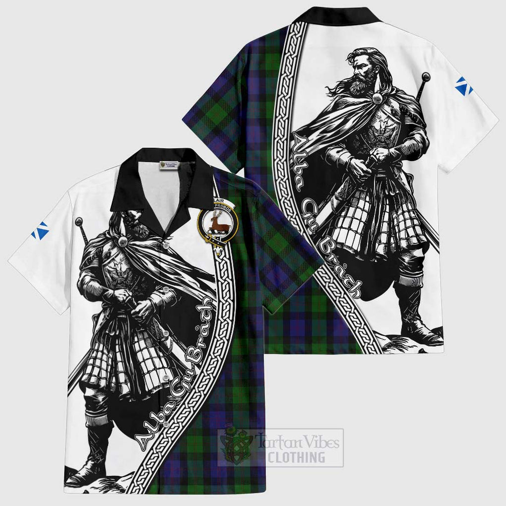 Tartan Vibes Clothing Blair Tartan Clan Crest Short Sleeve Button Shirt with Highlander Warrior Celtic Style